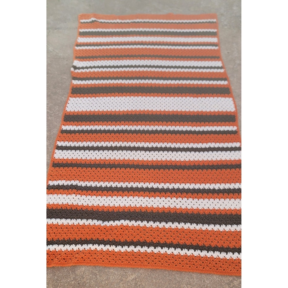 Handmade Crochet Afghan Blanket Orange White Brown Striped Granny Stitch 83x48